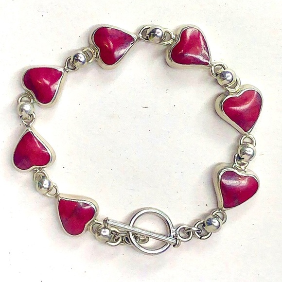 MEXICAN Sterling Silver Red Jasper Heart Toggle Bracelet - Picture 2 of 12